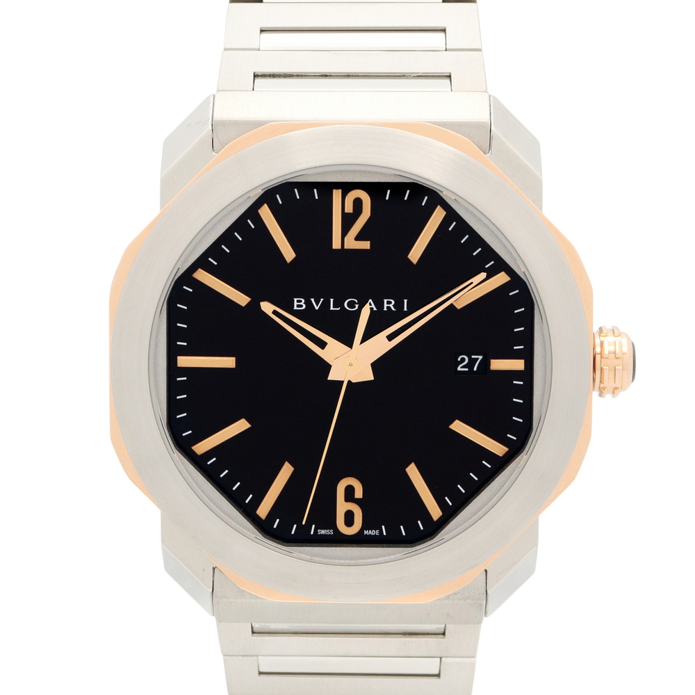 Bulgari BVLGARI Octo Watch, 18KPG (Pink Gold), Stainless Steel, Men's, Black,...